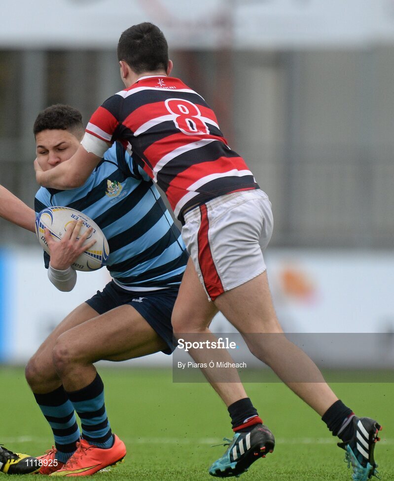 2 March 2016; Nicholas Eastmond, Castleknock College, is tackled by Stephen May, Wesley College. Bank of Ireland Vinnie Murray Cup Final, Castleknock College v Wesley College, Donnybrook Stadium, Donnybrook, Dublin. Picture credit: Piaras Ó Mídheach / SPORTSFILE
