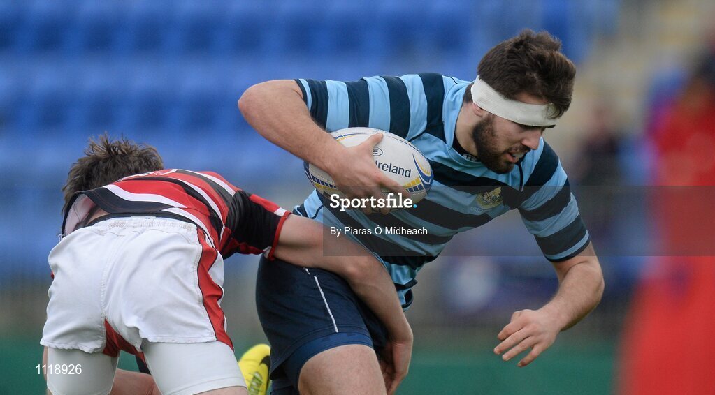 2 March 2016; Cathal Birminghan, Castleknock College, is tackled by Bill Corrigan, Wesley College. Bank of Ireland Vinnie Murray Cup Final, Castleknock College v Wesley College, Donnybrook Stadium, Donnybrook, Dublin. Picture credit: Piaras Ó Mídheach / SPORTSFILE