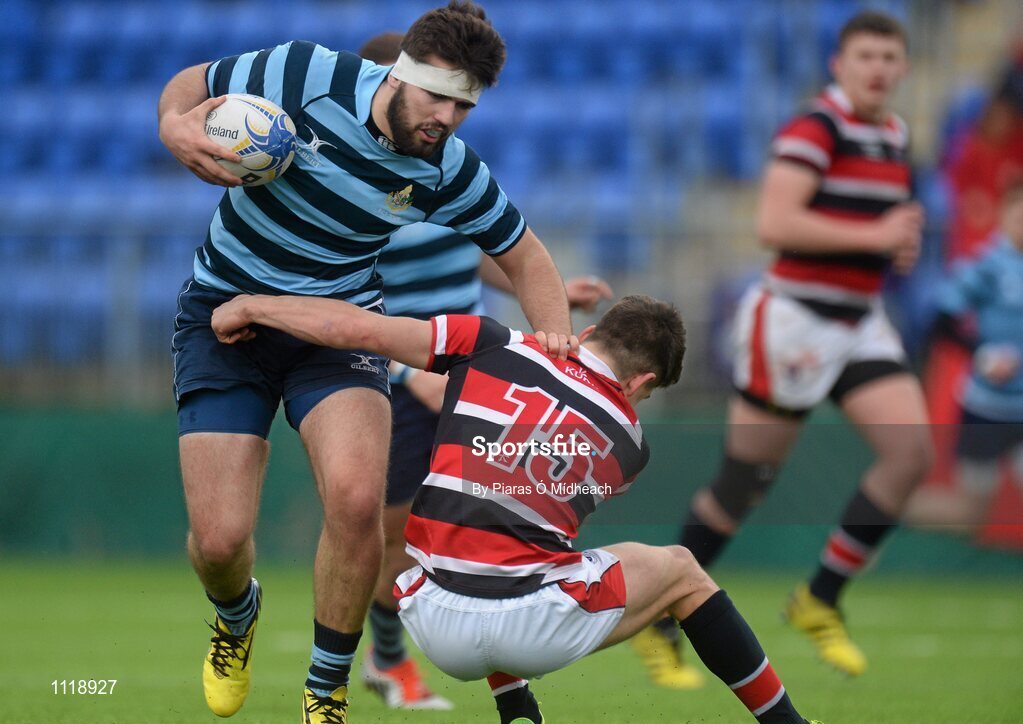 2 March 2016; Cathal Birminghan, Castleknock College, is tackled by Alexander Ladias-Barlow, Wesley College. Bank of Ireland Vinnie Murray Cup Final, Castleknock College v Wesley College, Donnybrook Stadium, Donnybrook, Dublin. Picture credit: Piaras Ó Mídheach / SPORTSFILE