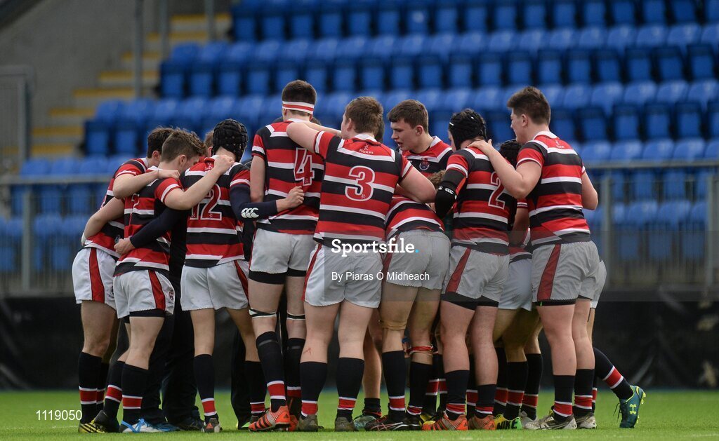 2 March 2016; Wesley College players in a pre-match huddle. Bank of Ireland Vinnie Murray Cup Final, Castleknock College v Wesley College, Donnybrook Stadium, Donnybrook, Dublin. Picture credit: Piaras Ó Mídheach / SPORTSFILE