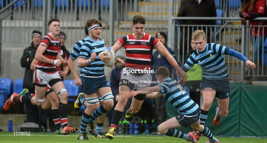 2 March 2016; Adam Curry, Wesley College, is tackled by Cathal Lacey, Castleknock College. Bank of Ireland Vinnie Murray Cup Final, Castleknock College v Wesley College, Donnybrook Stadium, Donnybrook, Dublin. Picture credit: Piaras Ó Mídheach / SPORTSFILE