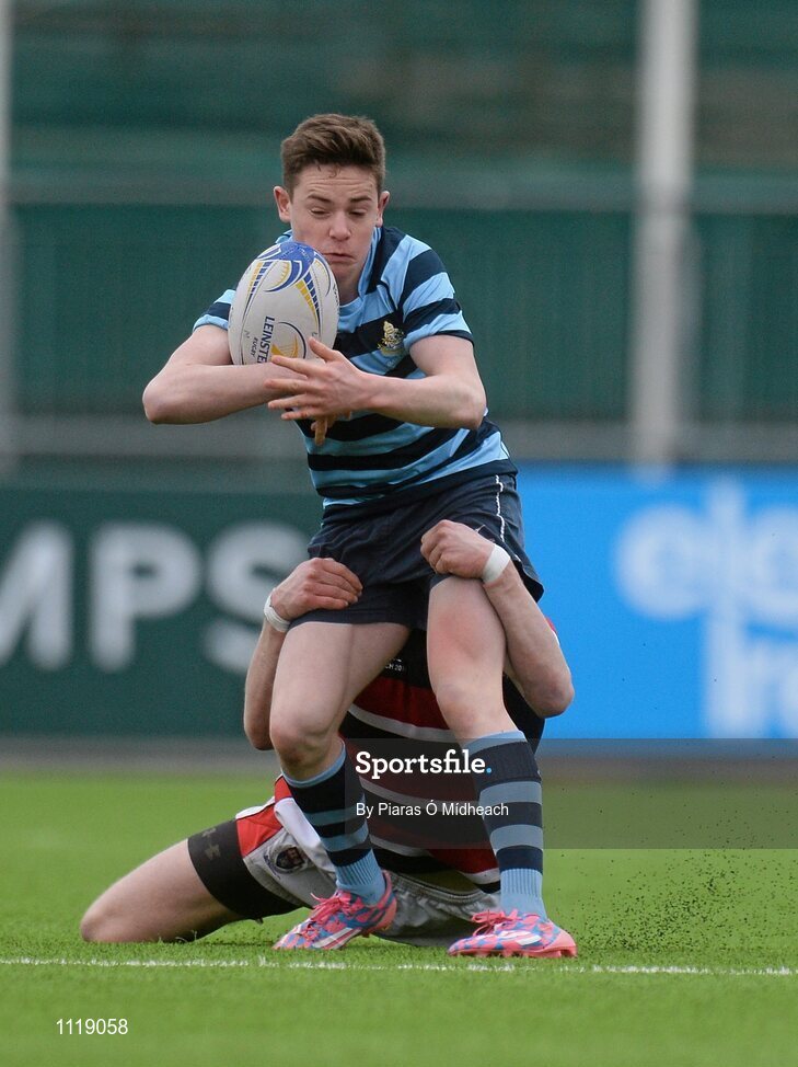 2 March 2016; Cathal Lacey of Castleknock College is tackled by Daniel Gilmer of Wesley College during the Bank of Ireland Vinnie Murray Cup Final match between Castleknock College and Wesley College at Donnybrook Stadium in Donnybrook, Dublin. Photo by Piaras Ó Mídheach/Sportsfile