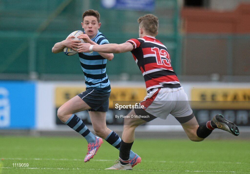 2 March 2016; Cathal Lacey, Castleknock College, is tackled by Daniel Gilmer, Wesley College. Bank of Ireland Vinnie Murray Cup Final, Castleknock College v Wesley College, Donnybrook Stadium, Donnybrook, Dublin. Picture credit: Piaras Ó Mídheach / SPORTSFILE