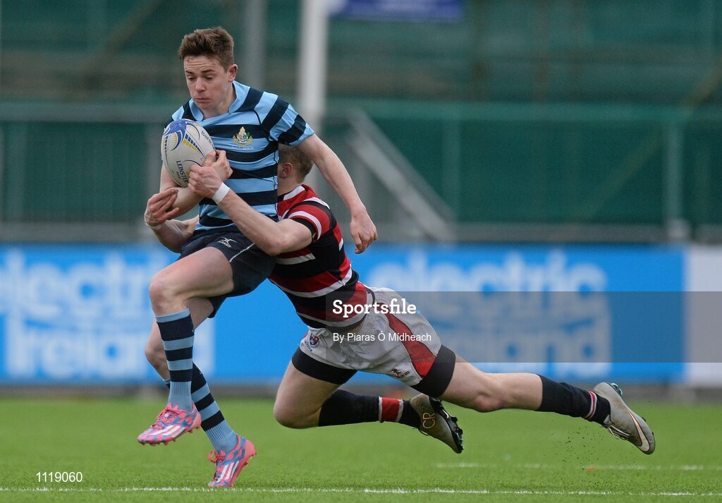 2 March 2016; Cathal Lacey, Castleknock College, is tackled by Daniel Gilmer, Wesley College. Bank of Ireland Vinnie Murray Cup Final, Castleknock College v Wesley College, Donnybrook Stadium, Donnybrook, Dublin. Picture credit: Piaras Ó Mídheach / SPORTSFILE