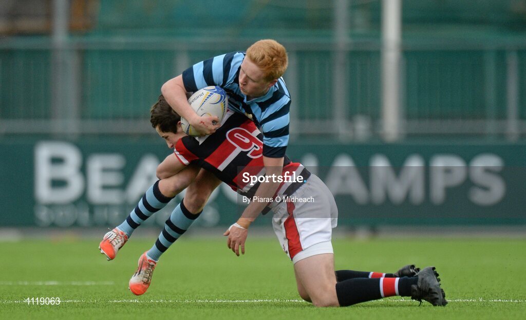 2 March 2016; Patrick Murtagh, Castleknock College, is tackled by Bill Corrigan, Wesley College. Bank of Ireland Vinnie Murray Cup Final, Castleknock College v Wesley College, Donnybrook Stadium, Donnybrook, Dublin. Picture credit: Piaras Ó Mídheach / SPORTSFILE