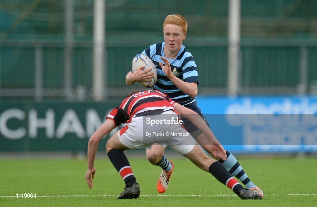 2 March 2016; Patrick Murtagh, Castleknock College, is tackled by Bill Corrigan, Wesley College. Bank of Ireland Vinnie Murray Cup Final, Castleknock College v Wesley College, Donnybrook Stadium, Donnybrook, Dublin. Picture credit: Piaras Ó Mídheach / SPORTSFILE