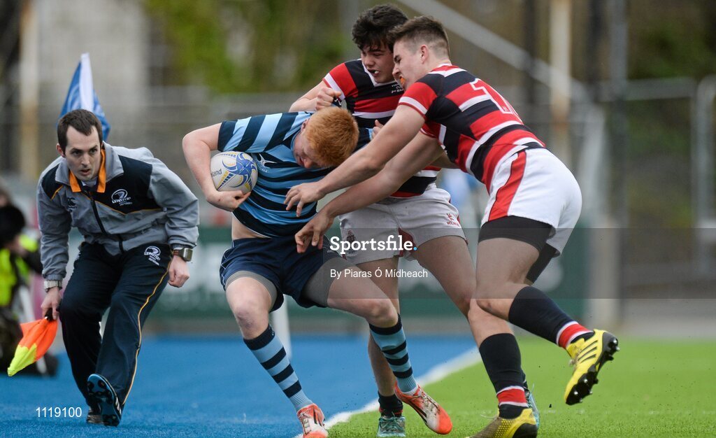 2 March 2016; Patrick Murtagh, Castleknock College, is tackled by Adam Curry, right, and Stephen May, Wesley College. Bank of Ireland Vinnie Murray Cup Final, Castleknock College v Wesley College, Donnybrook Stadium, Donnybrook, Dublin. Picture credit: Piaras Ó Mídheach / SPORTSFILE