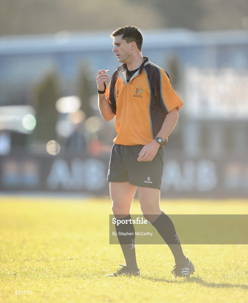 30 January 2010; Referee Dudley Phillips. AIB Junior Cup Final, Armagh v City of Derry, Dubarry Park, Athlone, Co. Westmeath. Picture credit: Stephen McCarthy / SPORTSFILE *** Local Caption ***