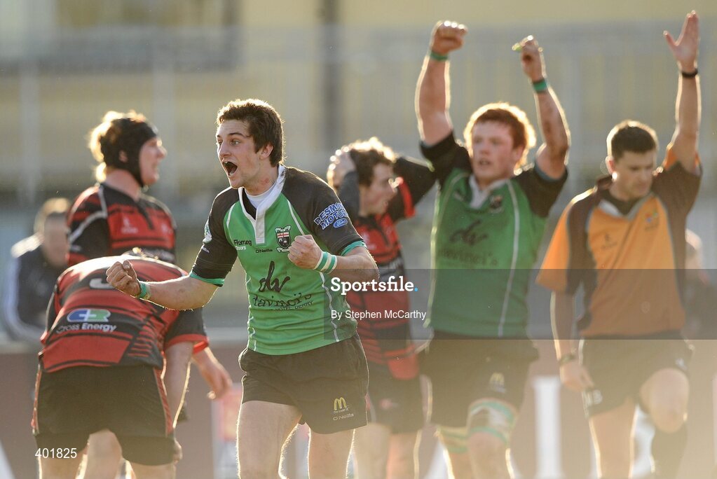 30 January 2010; Peter Henderson, City of Derry, celebrates as referee Dudley Philips awards a last minute try to team-mate Rudi Moore. AIB Junior Cup Final, Armagh v City of Derry, Dubarry Park, Athlone, Co. Westmeath. Picture credit: Stephen McCarthy / SPORTSFILE *** Local Caption ***