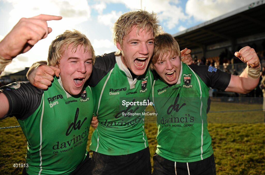 30 January 2010; City of Derry players, from left, David Funston, Mark O'Connor and Andrew Semple celebrate their side's dramatic victory over Armagh. AIB Junior Cup Final, Armagh v City of Derry, Dubarry Park, Athlone, Co. Westmeath. Picture credit: Stephen McCarthy / SPORTSFILE