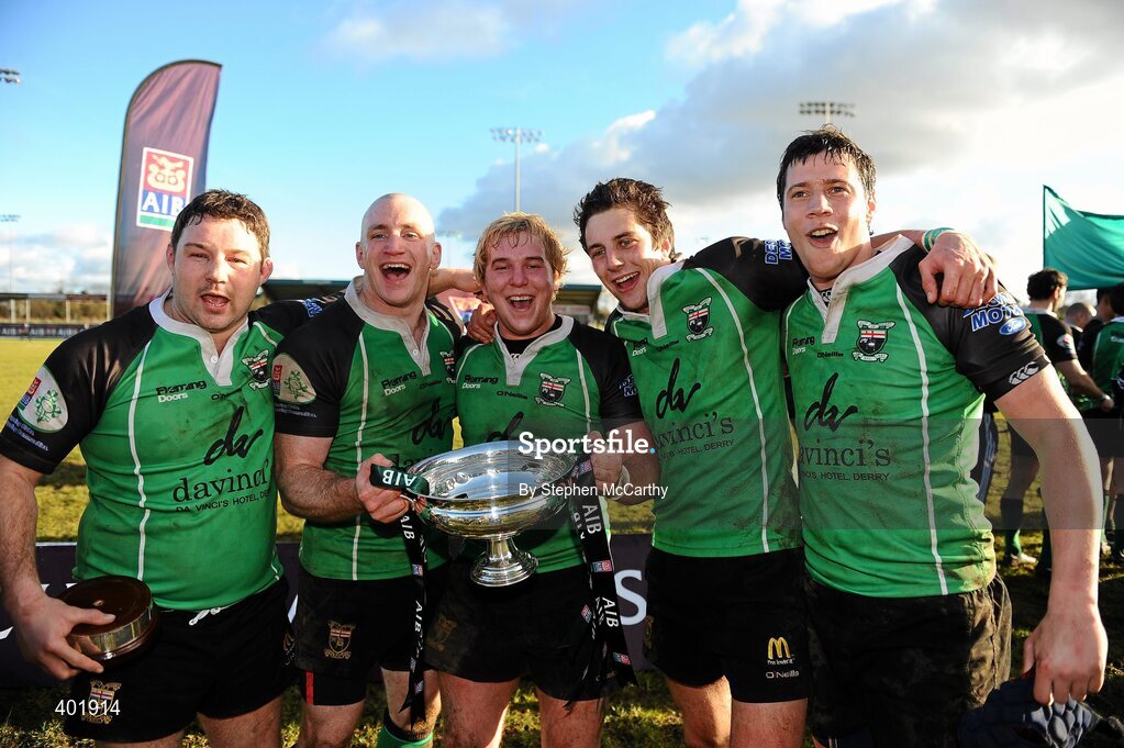 30 January 2010; City of Derry players celebrate their side's dramatic victory over Armagh. AIB Junior Cup Final, Armagh v City of Derry, Dubarry Park, Athlone, Co. Westmeath. Picture credit: Stephen McCarthy / SPORTSFILE