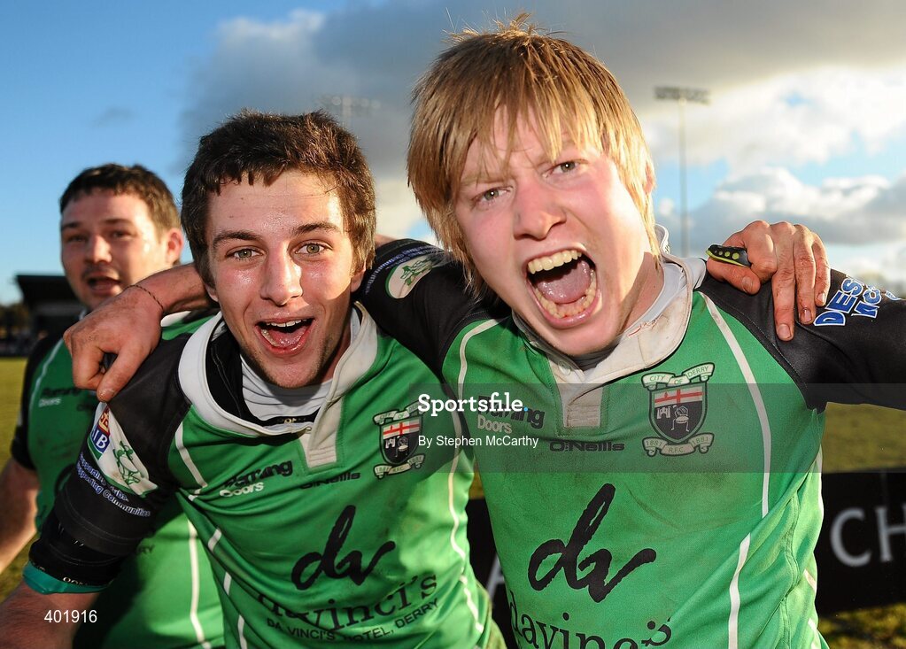 30 January 2010; Peter Henderson, left, and Andrew Semple, City of Derry, celebrate their side's victory. AIB Junior Cup Final, Armagh v City of Derry, Dubarry Park, Athlone, Co. Westmeath. Picture credit: Stephen McCarthy / SPORTSFILE *** Local Caption ***