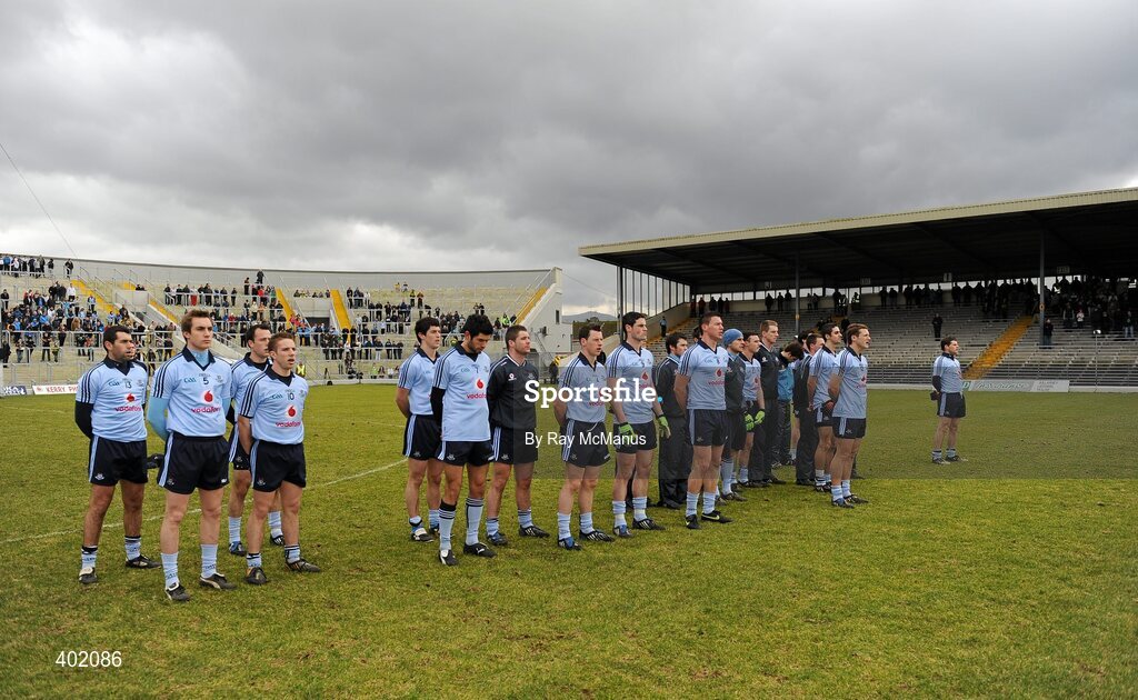 7 February 2010; Members of the Dublin team stand during the National Anthem. Allianz GAA Football National League, Division 1, Round 1, Kerry v Dublin. Fitzgerald Stadium, Killarney. Picture credit: Ray McManus / SPORTSFILE