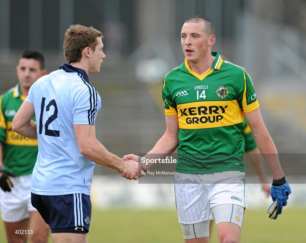 7 February 2010; Kerry's Kieran Donaghy and Dublin's Paul Flynn shake hands after the game. Allianz GAA Football National League, Division 1, Round 1, Kerry v Dublin. Fitzgerald Stadium, Killarney. Picture credit: Ray McManus / SPORTSFILE