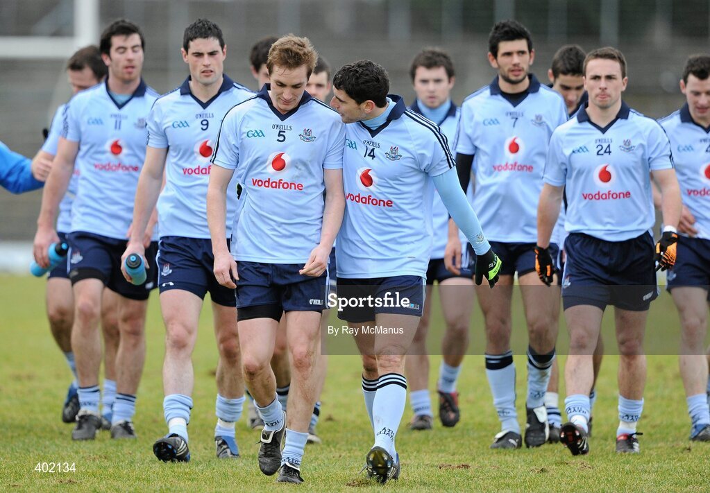 7 February 2010; Bernard Brogan, 14, and Dublin captain Paul Griffin chat as they leave the field. Allianz GAA Football National League, Division 1, Round 1, Kerry v Dublin. Fitzgerald Stadium, Killarney. Picture credit: Ray McManus / SPORTSFILE