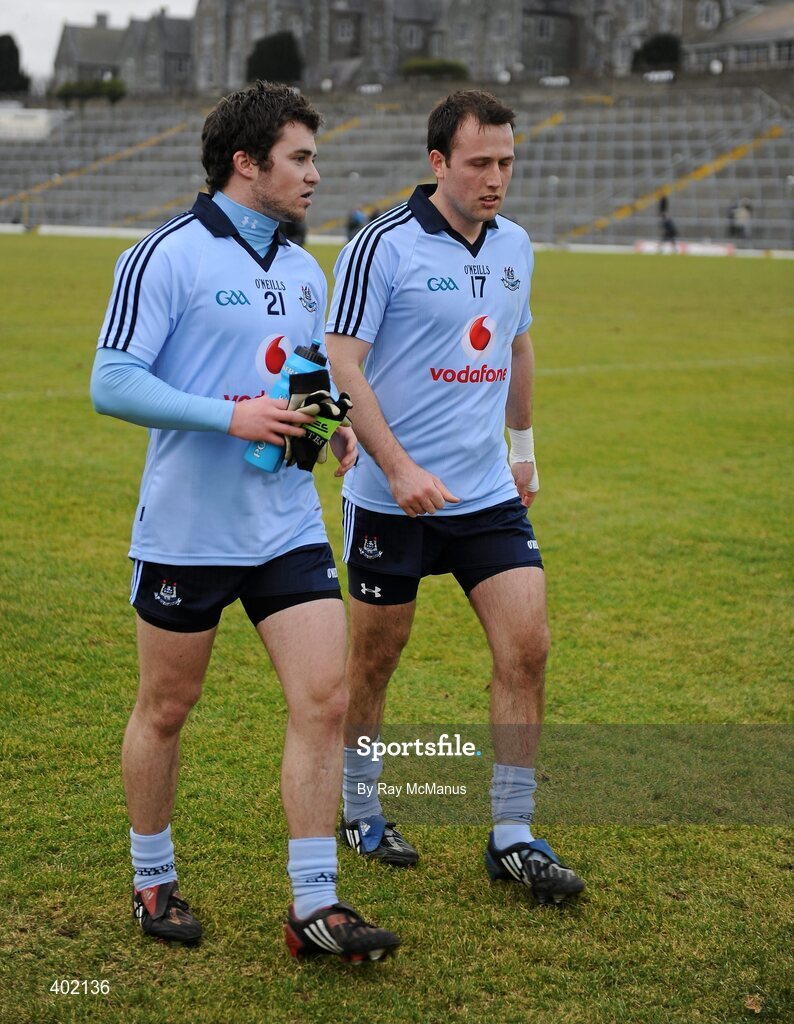 7 February 2010; Dublin players Tiernan Diamond, left, and Paul Conlon leave the pitch. Allianz GAA Football National League, Division 1, Round 1, Kerry v Dublin. Fitzgerald Stadium, Killarney. Picture credit: Ray McManus / SPORTSFILE