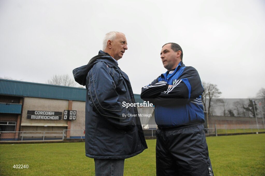 7 February 2010; Cork manager Conor Counihan shares a few words with Monaghan manager Seamus McEnaney before the game. Allianz GAA Football National League, Division 1, Round 1, Monaghan v Cork. St Mary's Park, Scotstown, Monaghan. Picture credit: Oliver McVeigh / SPORTSFILE