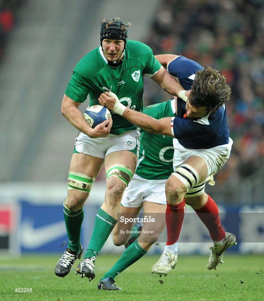 13 February 2010; Stephen Ferris, Ireland, is tackled by Lionel Nallet, France. RBS Six Nations Rugby Championship, France v Ireland, Stade de France, Saint Denis, Paris, France. Picture credit: Brendan Moran / SPORTSFILE