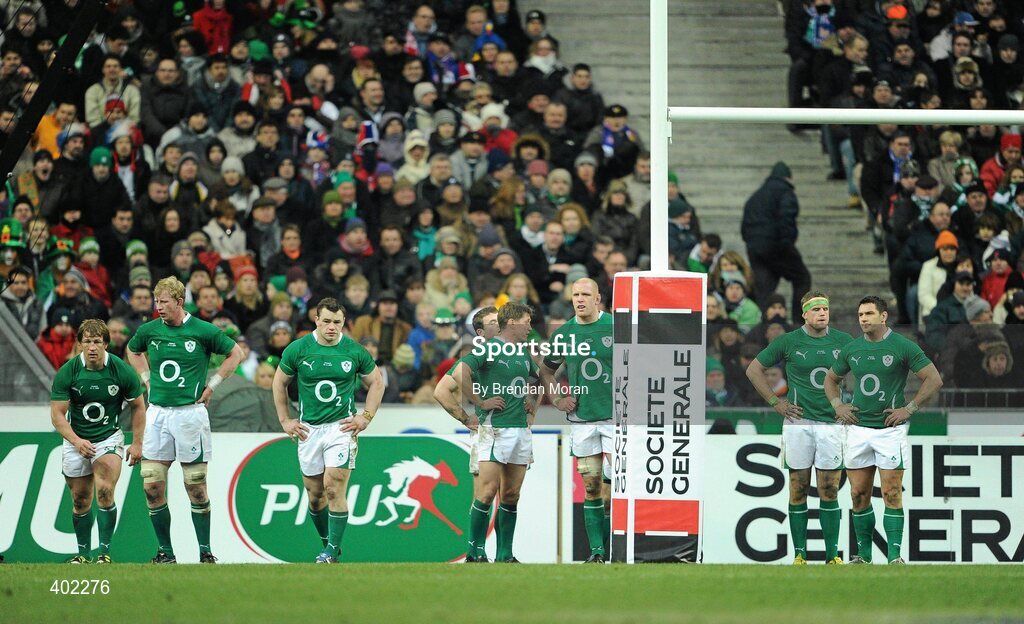 13 February 2010; Ireland players look on after France score their second try. RBS Six Nations Rugby Championship, France v Ireland, Stade de France, Saint Denis, Paris, France. Picture credit: Brendan Moran / SPORTSFILE