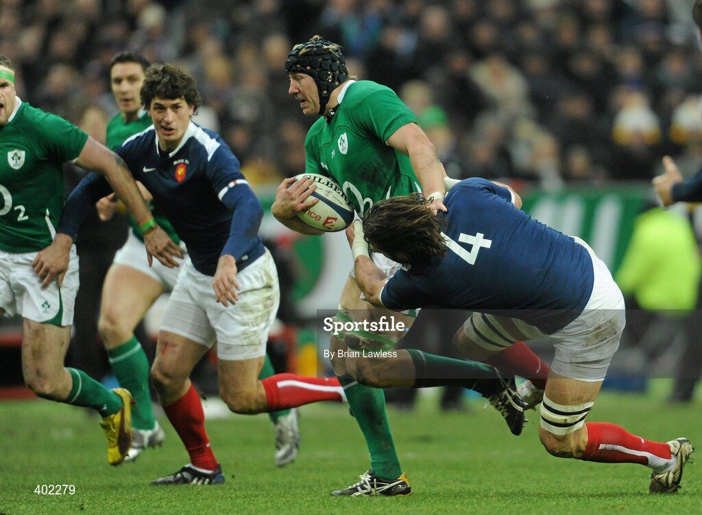 13 February 2010; Stephen Ferris, Ireland, is tackled by Lionel Nallet, France. RBS Six Nations Rugby Championship, France v Ireland, Stade de France, Saint Denis, Paris, France. Picture credit: Brian Lawless / SPORTSFILE