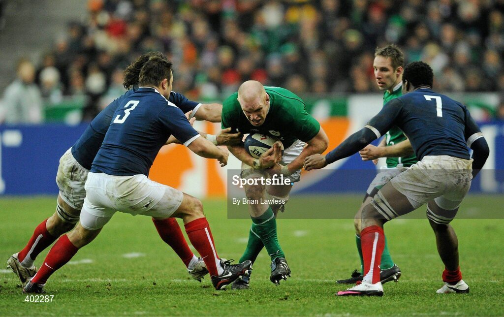 13 February 2010; Paul O'Connell, Ireland, is tackled by, from left, Mathieu Bastareaud, Nicolas Mas and Fulgence Ouedraogo, France. RBS Six Nations Rugby Championship, France v Ireland, Stade de France, Saint Denis, Paris, France. Picture credit: Brian Lawless / SPORTSFILE