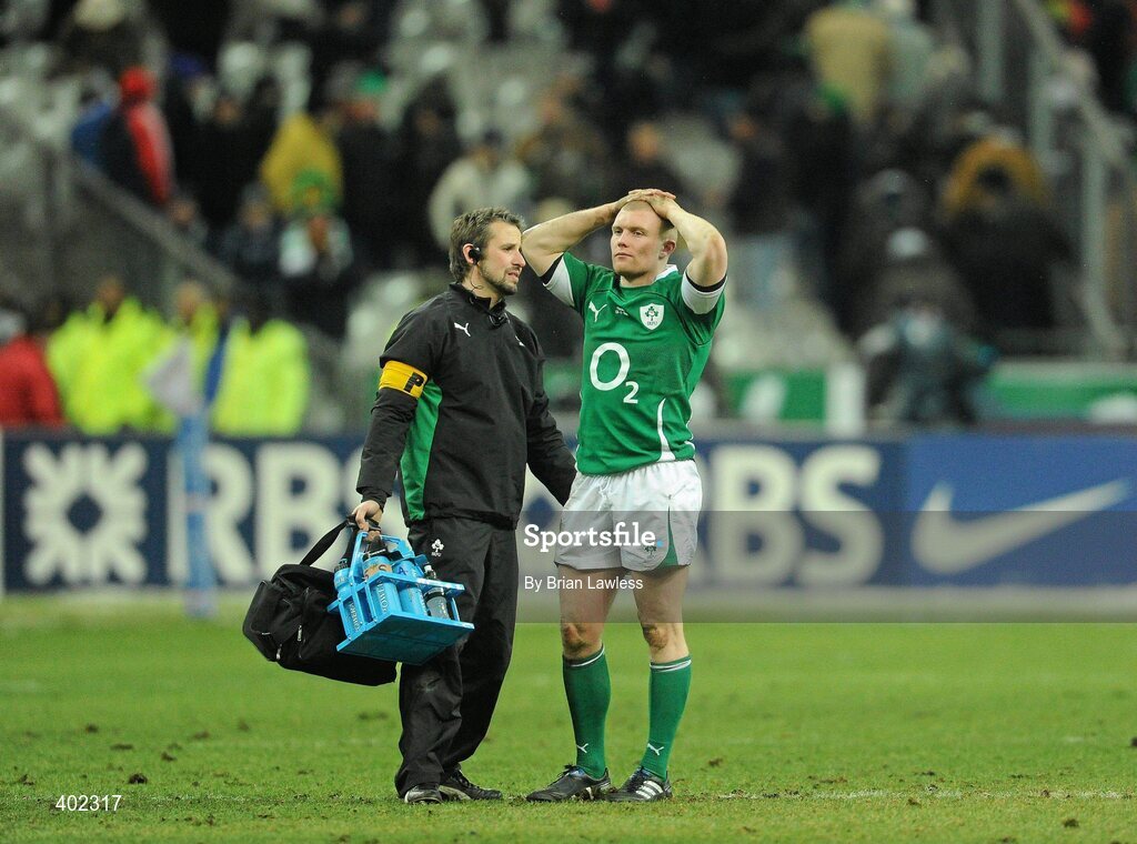 13 February 2010; Ireland's Keith Earls with Team Physio Cameron Steele at the final whistle. RBS Six Nations Rugby Championship, France v Ireland, Stade de France, Saint Denis, Paris, France. Picture credit: Brian Lawless / SPORTSFILE