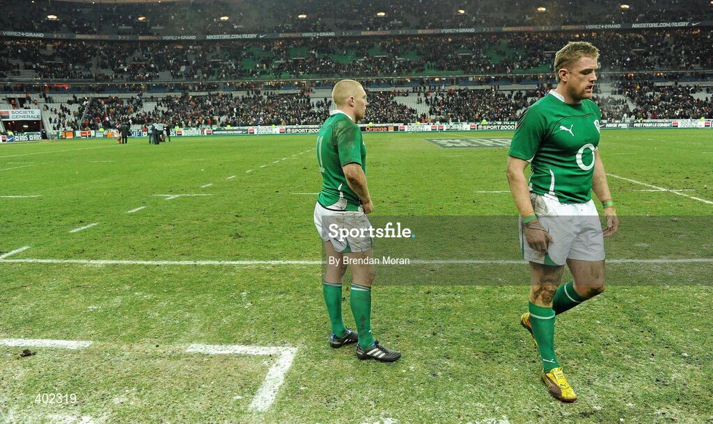 13 February 2010; Dejected Ireland players Keith Earls and Jamie Heaslip, right, leave the pitch after defeat to France. RBS Six Nations Rugby Championship, France v Ireland, Stade de France, Saint Denis, Paris, France. Picture credit: Brendan Moran / SPORTSFILE
