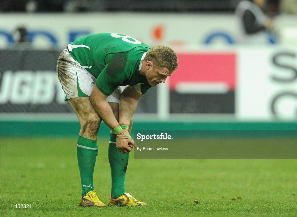 13 February 2010; Ireland's Jamie Heaslip shows his disappointment after defeat to France. RBS Six Nations Rugby Championship, France v Ireland, Stade de France, Saint Denis, Paris, France. Picture credit: Brian Lawless / SPORTSFILE
