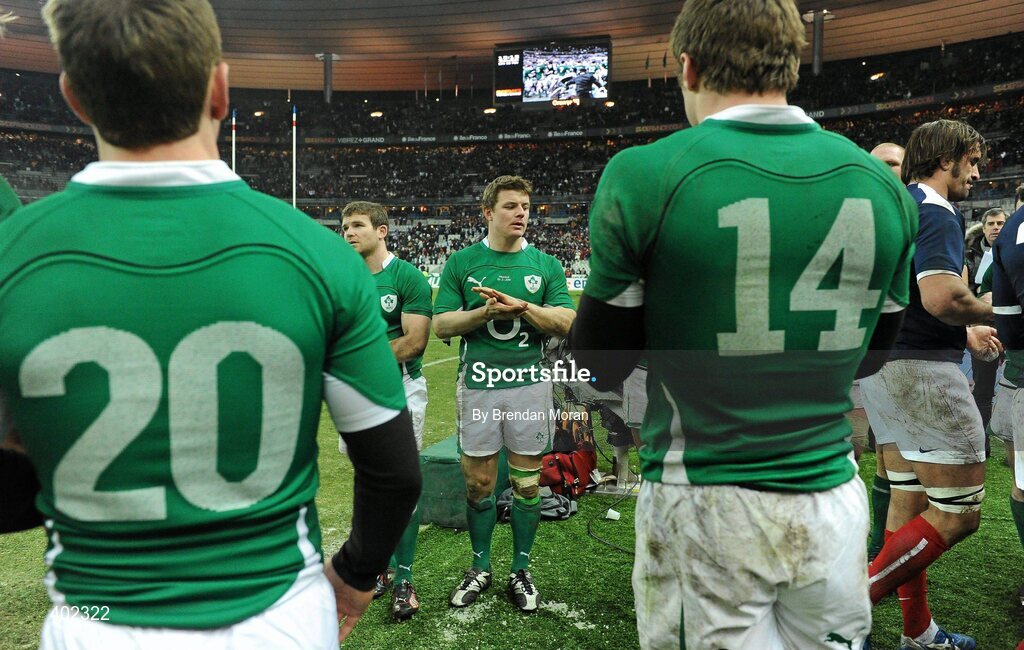 13 February 2010; Dejected Irish players Gordon D'Arcy and Brian O'Driscoll leave the pitch after defeat to France. RBS Six Nations Rugby Championship, France v Ireland, Stade de France, Saint Denis, Paris, France. Picture credit: Brendan Moran / SPORTSFILE