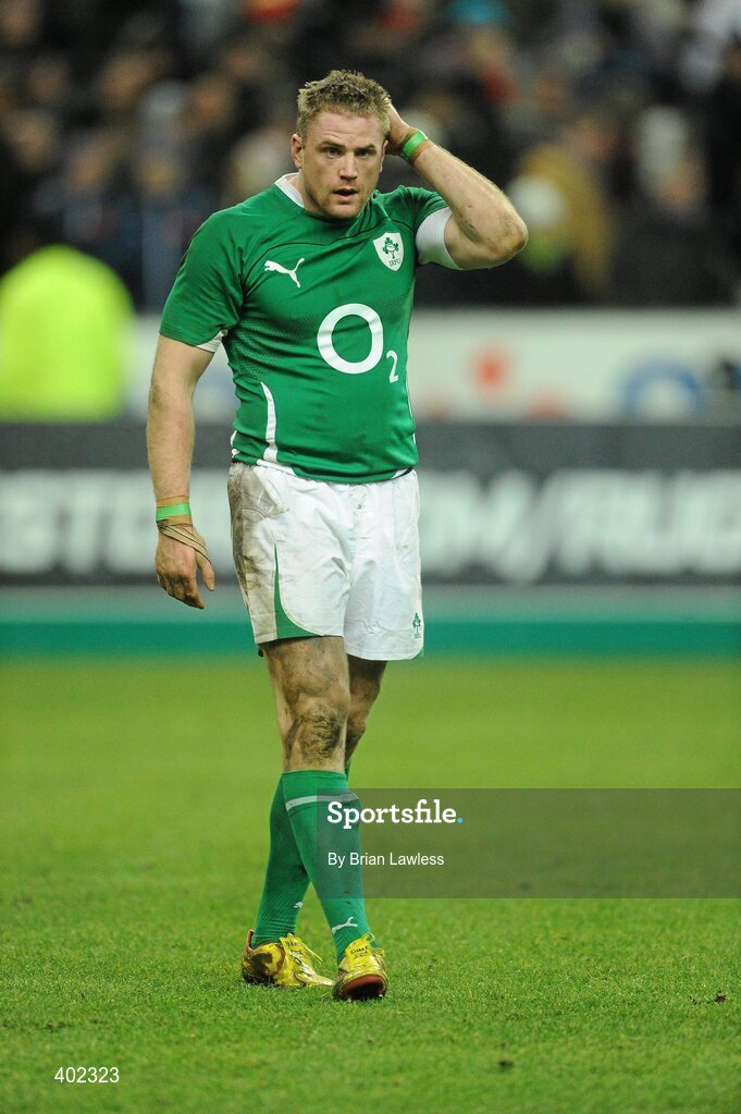 13 February 2010; Ireland's Jamie Heaslip shows his disappointment after defeat to France. RBS Six Nations Rugby Championship, France v Ireland, Stade de France, Saint Denis, Paris, France. Picture credit: Brian Lawless / SPORTSFILE