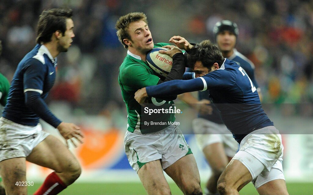 13 February 2010; Tommy Bowe, Ireland, is tackled by David Marty, France. RBS Six Nations Rugby Championship, France v Ireland, Stade de France, Saint Denis, Paris, France. Picture credit: Brendan Moran / SPORTSFILE