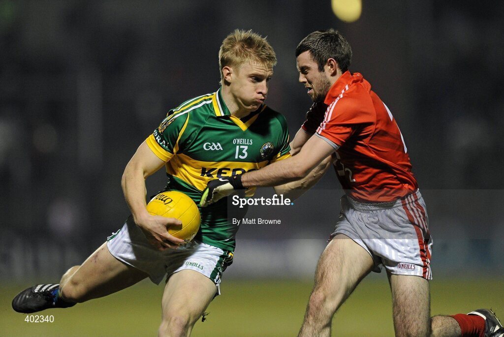 13 February 2010; Barry John Walsh, Kerry, is tackled by Kieran O'Leary, Cork. Allianz National Football League, Division 1, Round 2, Cork v Kerry, Pairc Ui Rinn, Cork. Picture credit: Matt Browne / SPORTSFILE