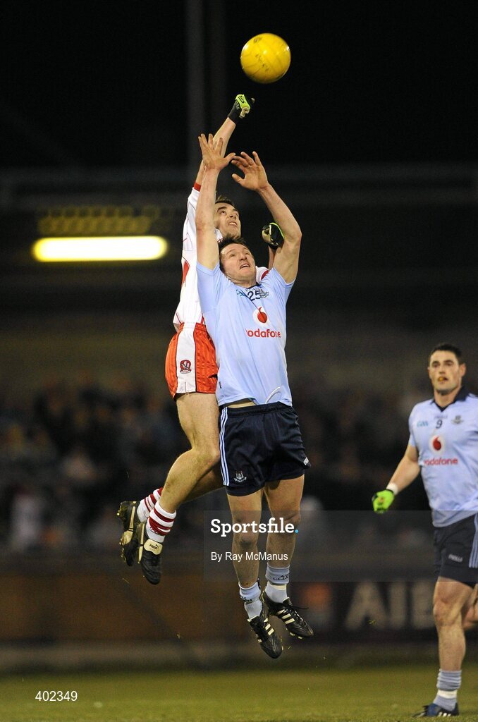 13 February 2010; James Kielt, Derry, is tackled by James Brogan, Dublin. Allianz National Football League, Division 1, Round 2, Dublin v Derry, Parnell Park, Dublin. Picture credit: Ray McManus / SPORTSFILE