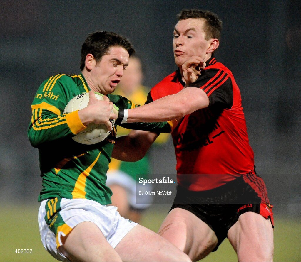 13 February 2010; Peadar Byrne, Meath, in action against Kalum King, Down. Allianz National Football League, Division 2, Round 2, Down v Meath, Pairc Esler, Newry, Co. Down. Picture credit: Oliver McVeigh / SPORTSFILE