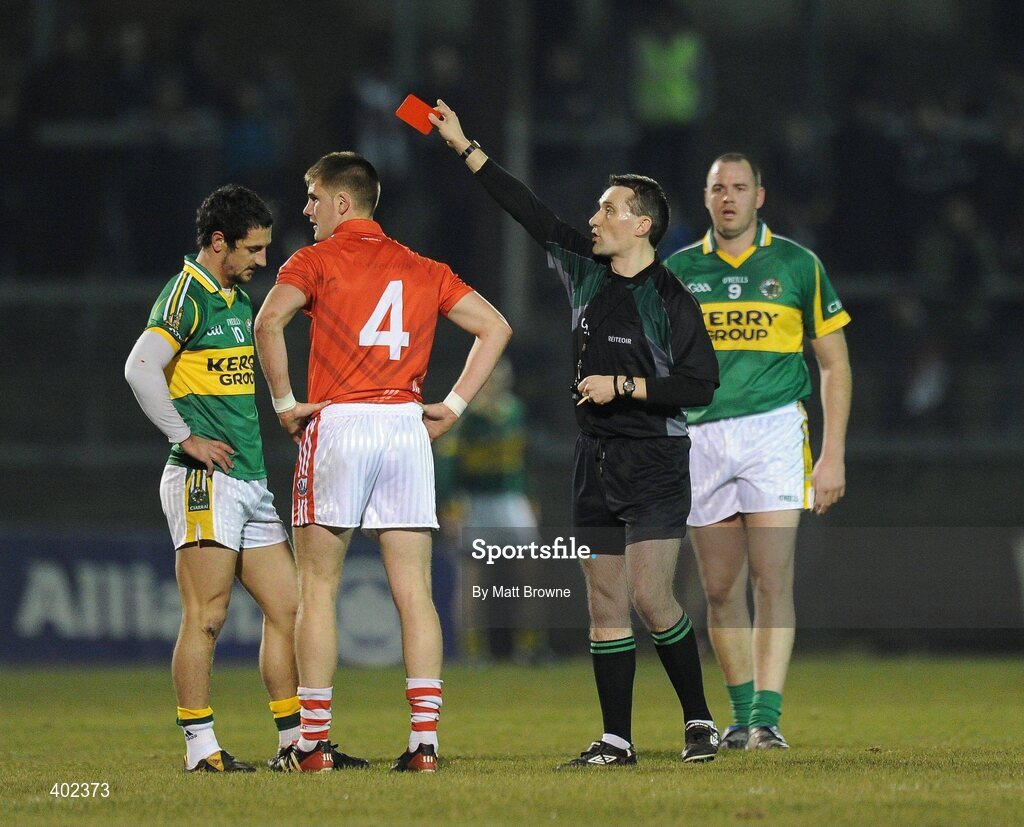 13 February 2010; Paul Galvin, Kerry, and Eoin Cadogan, Cork, are sent off by referee Maurice Deegan. Allianz National Football League, Division 1, Round 2, Cork v Kerry, Pairc Ui Rinn, Cork. Picture credit: Matt Browne / SPORTSFILE