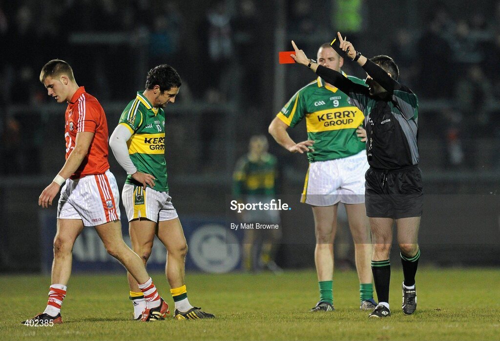 13 February 2010; Paul Galvin, Kerry, and Eoin Cadogan, Cork, are sent off by referee Maurice Deegan. Allianz National Football League, Division 1, Round 2, Cork v Kerry, Pairc Ui Rinn, Cork. Picture credit: Matt Browne / SPORTSFILE