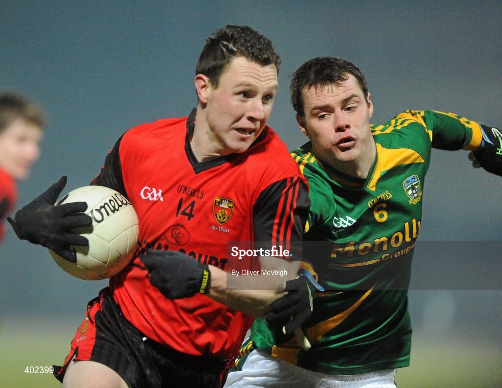 13 February 2010; John Clarke, Down, in action against Cormac McGuinness, Meath. Allianz National Football League, Division 2, Round 2, Down v Meath, Pairc Esler, Newry, Co. Down. Picture credit: Oliver McVeigh / SPORTSFILE