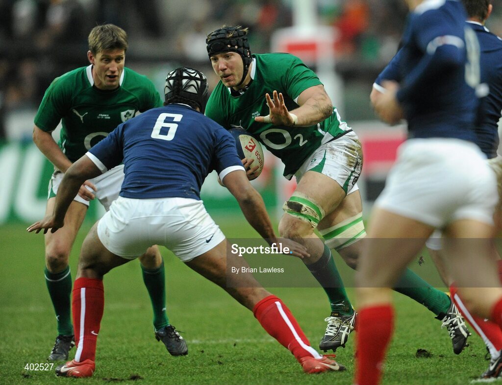 13 February 2010; Stephen Ferris, supported by Ronan O'Gara, left, Ireland, in action against theirry Dusautoir, France. RBS Six Nations Rugby Championship, France v Ireland, Stade de France, Saint Denis, Paris, France. Picture credit: Brian Lawless / SPORTSFILE