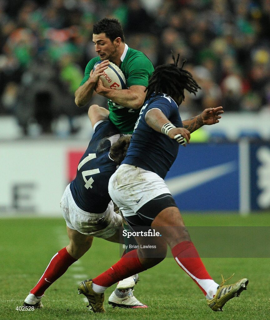 13 February 2010; Rob Kearney, Ireland, is tackled by Vincent Clerc, left, and Mathieu Bastareaud, France. RBS Six Nations Rugby Championship, France v Ireland, Stade de France, Saint Denis, Paris, France. Picture credit: Brian Lawless / SPORTSFILE