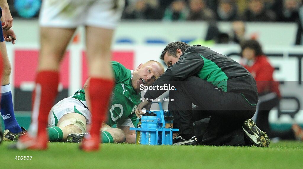 13 February 2010; Paul O'Connell, Ireland, is attended to by team physio Cameron Steele. RBS Six Nations Rugby Championship, France v Ireland, Stade de France, Saint Denis, Paris, France. Picture credit: Brendan Moran / SPORTSFILE