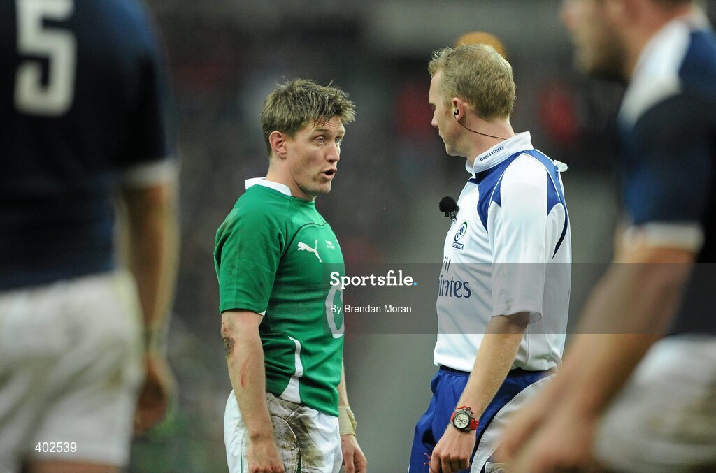 13 February 2010; Ireland out-half Ronan O'Gara in conversation with referee Wayne Barnes during the game. RBS Six Nations Rugby Championship, France v Ireland, Stade de France, Saint Denis, Paris, France. Picture credit: Brendan Moran / SPORTSFILE