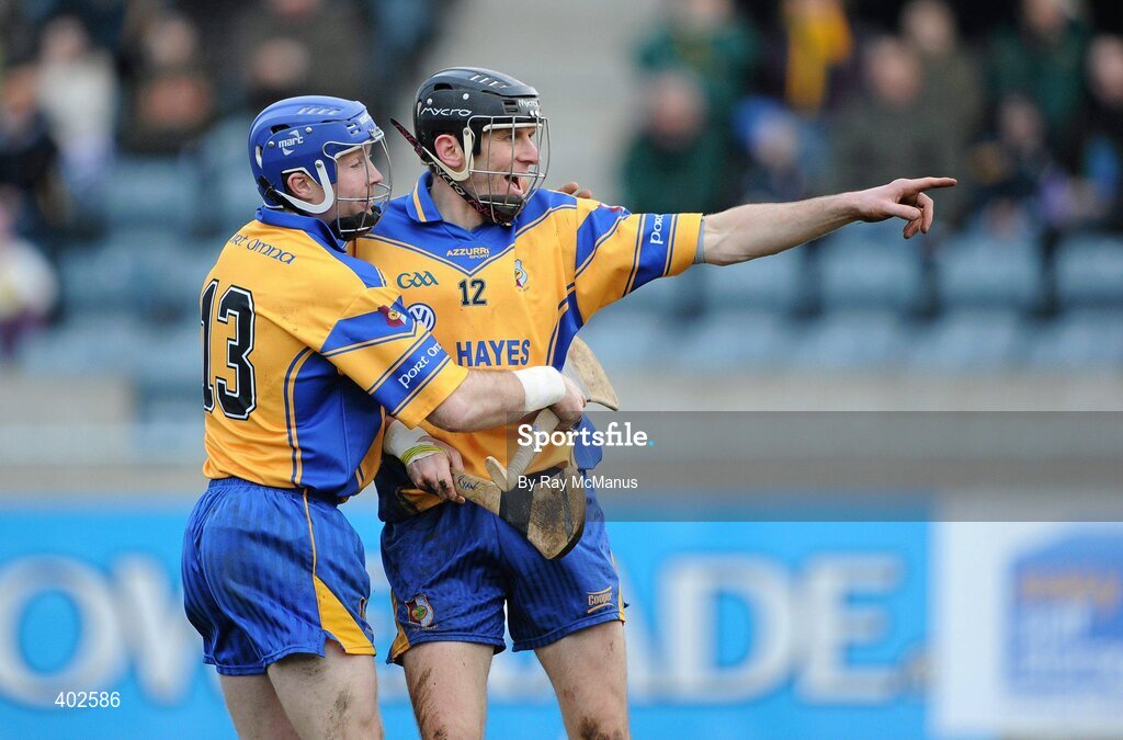 14 February 2010; Ciaran Ryan, Portumna, 12, celebrates scoring the first goal with team-mate Damien Hayes. AIB GAA Hurling All-Ireland Senior Club Championship Semi-Final, Portumna v Dunloy Cuchullians, Parnell Park, Dublin. Picture credit: Ray McManus / SPORTSFILE