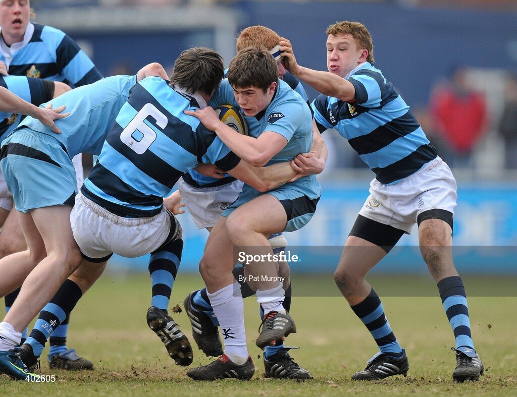 14 February 2010; Luke McGrath, St. Michael's College, is tackled by, from left, Conor O'Riordan, Matthew Webb and Tom Ausytin, Castleknock College. Leinster Schools Senior Cup Quarter-Final, St. Michael's College v Castleknock College, Donnybrook Stadium, Donnybrook, Dublin. Picture credit: Pat Murphy / SPORTSFILE