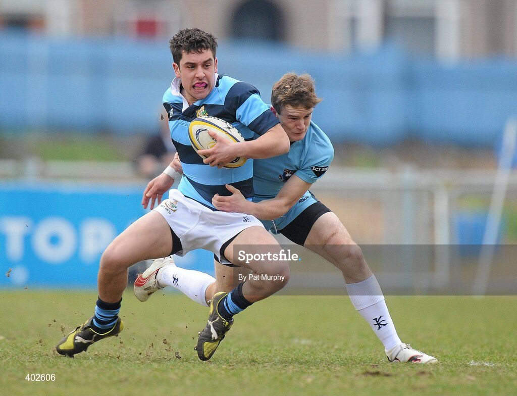 14 February 2010; Sean Lacey, Castleknock College, is tackled by Mark Corballis, St. Michael's College. Leinster Schools Senior Cup Quarter-Final, St. Michael's College v Castleknock College, Donnybrook Stadium, Donnybrook, Dublin. Picture credit: Pat Murphy / SPORTSFILE