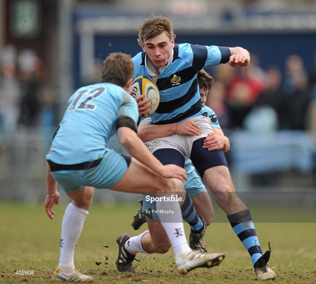 14 February 2010; Mike Mellet, Castleknock College, in action against Mark Craig, 12, and Luke McGrath, St. Michael's College. Leinster Schools Senior Cup Quarter-Final, St. Michael's College v Castleknock College, Donnybrook Stadium, Donnybrook, Dublin. Picture credit: Pat Murphy / SPORTSFILE