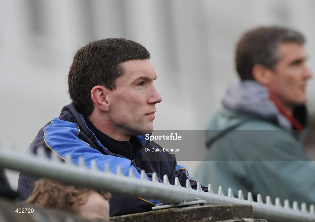 14 February 2010; The suspended Portumna player Niall Hayes, who had earlier lined out at corner forward for Galway, watches his club-mates during the game. AIB GAA Hurling All-Ireland Senior Club Championship Semi-Final, Portumna v Dunloy Cuchullians, Parnell Park, Dublin. Picture credit: Dáire Brennan / SPORTSFILE