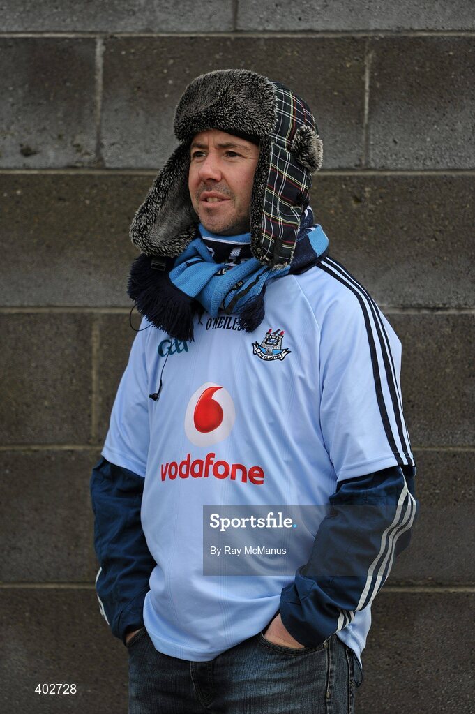 14 February 2010; Dublin supporter James McCormack, from Kilnamanagh, watches the game. Walsh Cup Final, Dublin v Galway, Parnell Park, Dublin. Picture credit: Ray McManus / SPORTSFILE