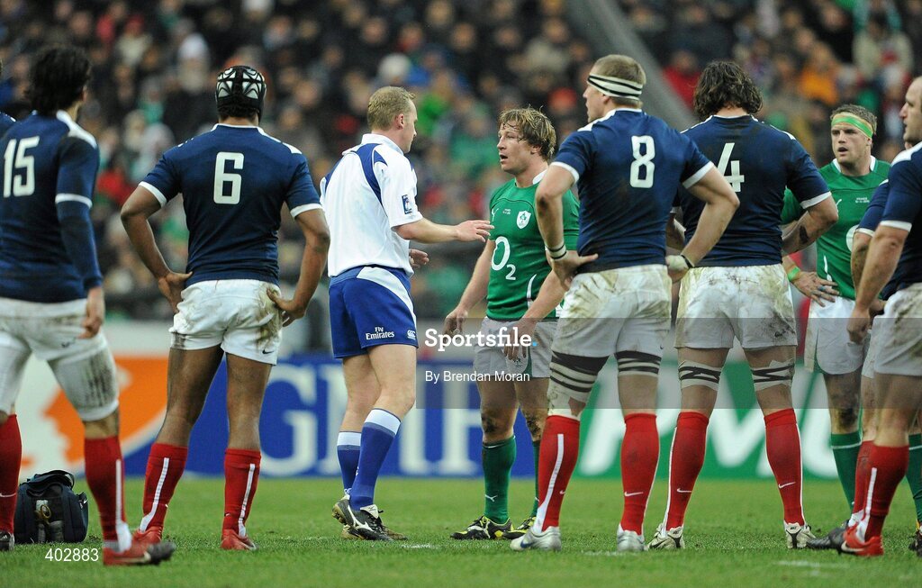 13 February 2010; Jerry Flannery, Ireland, is spoken to by referee Wayne Barnes after an alleged kick on Alexis Palisson, France. RBS Six Nations Rugby Championship, France v Ireland, Stade de France, Saint Denis, Paris, France. Picture credit: Brendan Moran / SPORTSFILE *** Local Caption ***