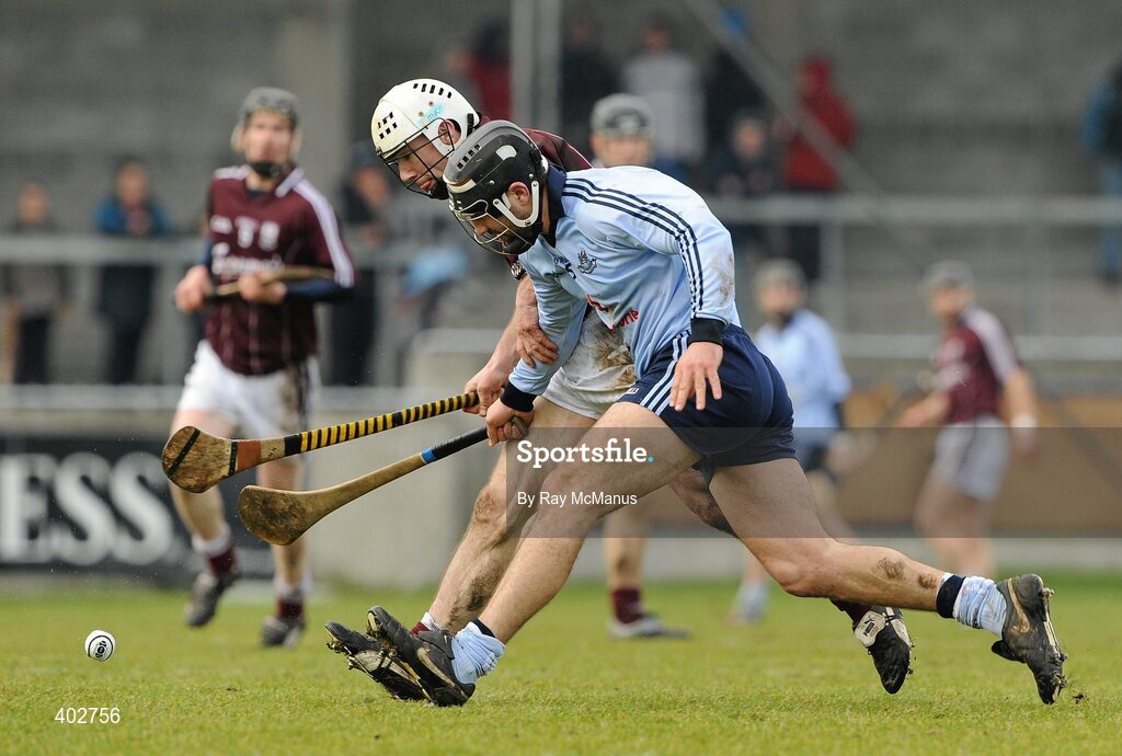14 February 2010; Stephen Hiney, Dublin, in held back by Niall Hayes, Galway. Walsh Cup Final, Dublin v Galway, Parnell Park, Dublin. Picture credit: Ray McManus / SPORTSFILE