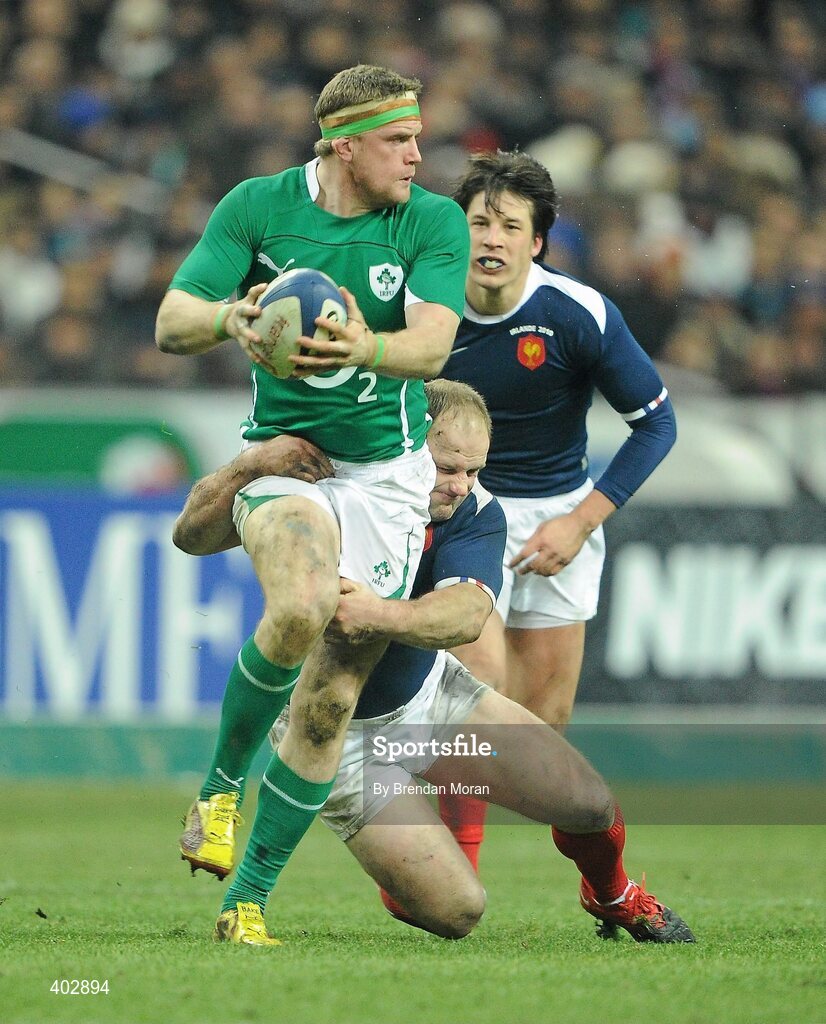 13 February 2010; Jamie Heaslip, Ireland, is tackled by William Servat, France. RBS Six Nations Rugby Championship, France v Ireland, Stade de France, Saint Denis, Paris, France. Picture credit: Brendan Moran / SPORTSFILE